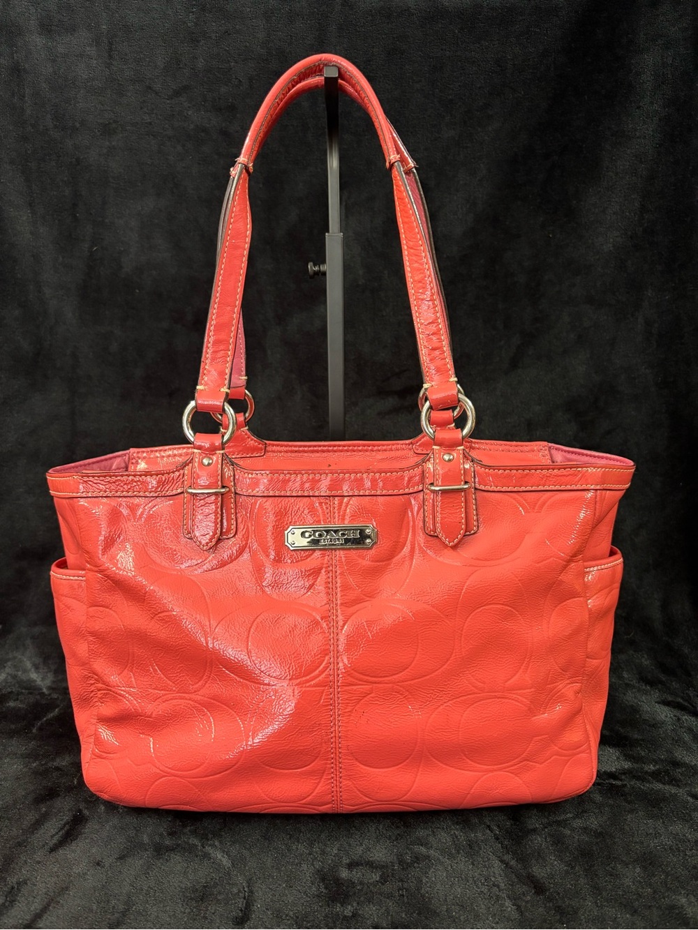 Coach Gallery Tote Coral Pink Signature Embossed Patent Leather F19462